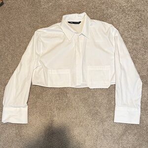 Zara White Cropped Button-Up Shirt